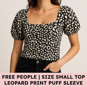 Free People leopard knit puff sleeve square neck top black cream Small